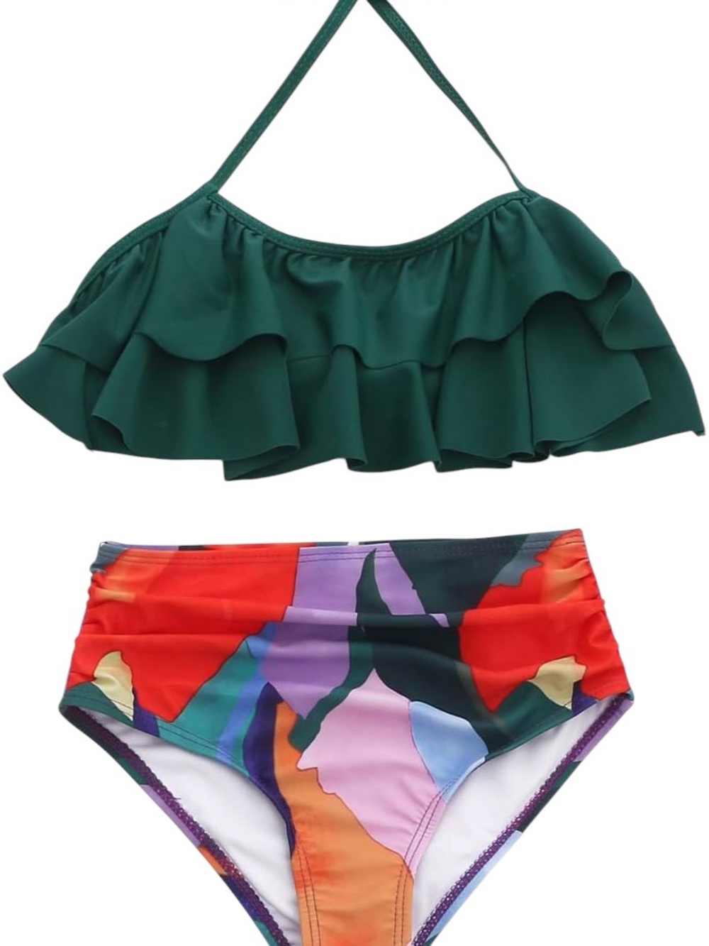 Xunyu Girls Swimsuit Falbala Hogh Waisted Halter Neck Bikini Swimwear | 8-10Y